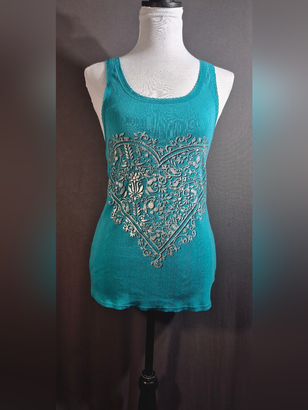 Jasmine & Ginger Teal Tank Top with Metallic Heart Motif